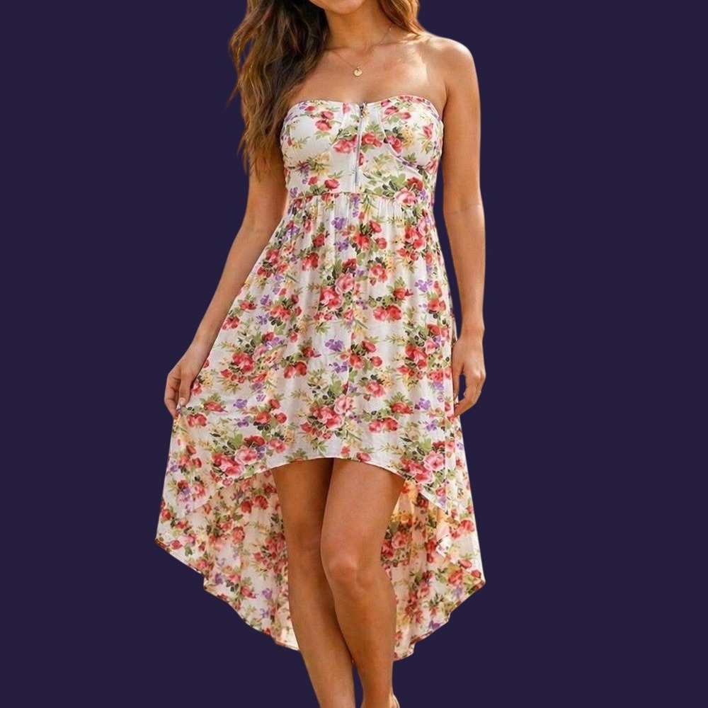 Y2K Wet Seal Floral Strapless Dress Bustier Zip Front Cottage Fairy Size XS